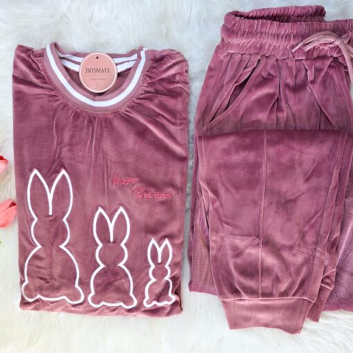 Pyjama Velours Capuche Rose Lapins
