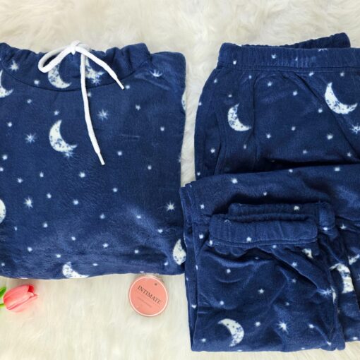 Pyjama Velours Capuche Bleu Imprimé Croissants