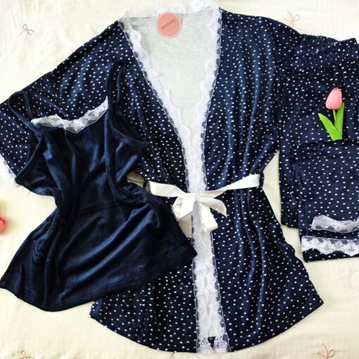 Pyjama 3 Pièces Velours Bleu Pointillé en Blanc