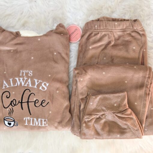 Pyjama Velours Capuche Beige "It's Always Coffee Time"