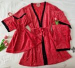 Pyjama 3 Pièces Velours Plissé Corail  & Dentelle Noire – Image 2