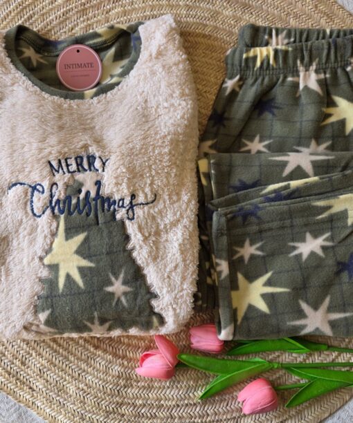Pyjama Polaire Vert & Beige "Merry Christmas"