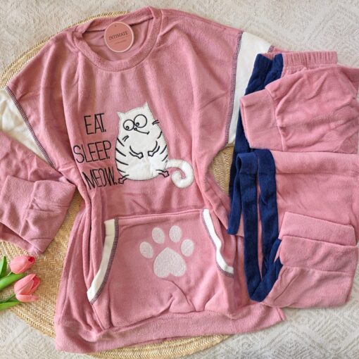 Pyjama Velour Rose "Eat Sleep Meow"
