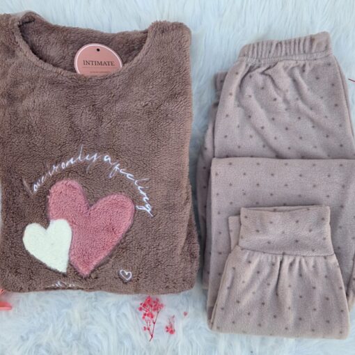 Pyjama Polaire Marron Imprimé Cœurs