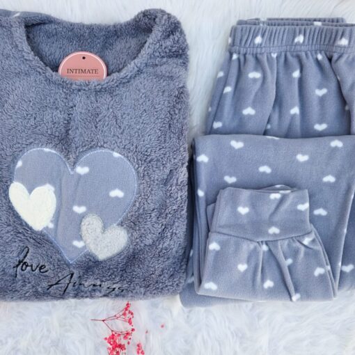 Pyjama Polaire Bleu Imprimé Cœurs Blanc