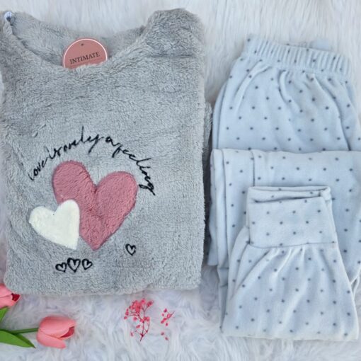 Pyjama Polaire Gris Imprimé Cœurs