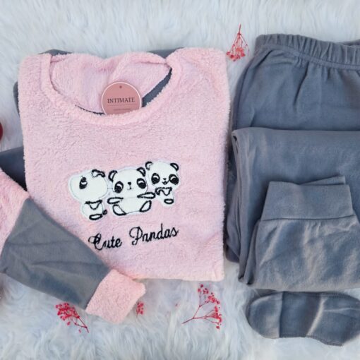Pyjama Polaire Gris Rose "Cute Pandas"