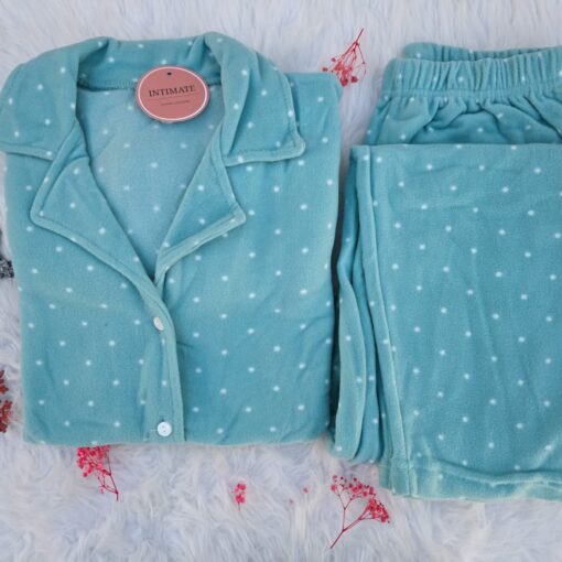 Pyjama Chemise Polaire Vert Doux Imprimé  Blanc