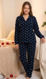 Pyjama Chemise Polaire Bleu Imprimé Coeurs Blanc – Image 2