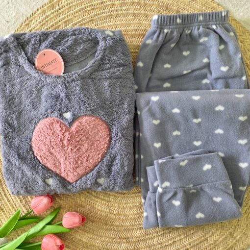 Pyjama Polaire Gris Imprimé Cœurs