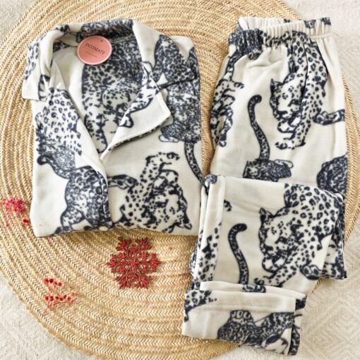Pyjama Chemise Polaire Blanc Imprimé Léopard
