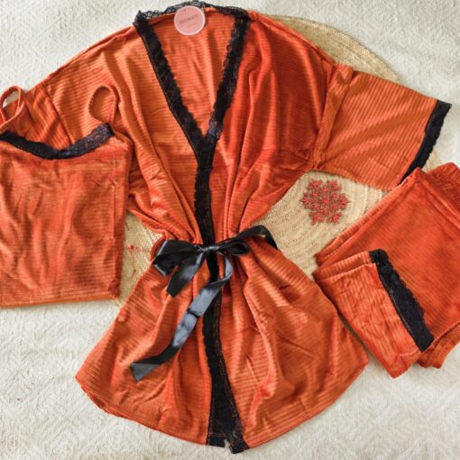 Pyjama 3 Pièces Velours Orangé & Dentelle Noire