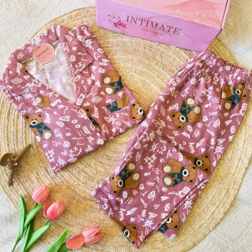 Pyjama Chemise Velours Rose Nude Imprimé Nounours