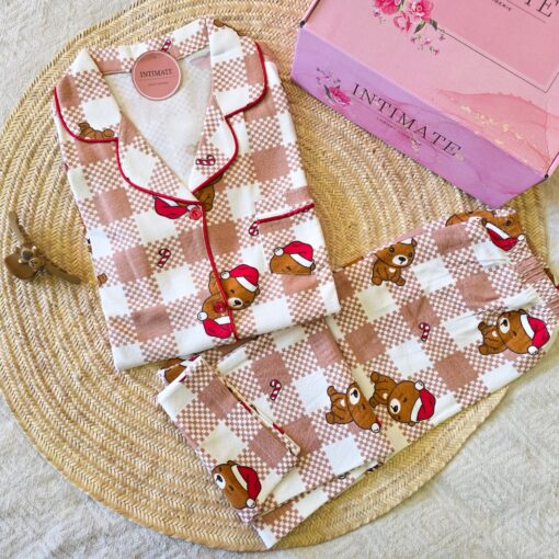 Pyjama Chemise Velours Blanc & Nude Carreaux Imprimé Nounours