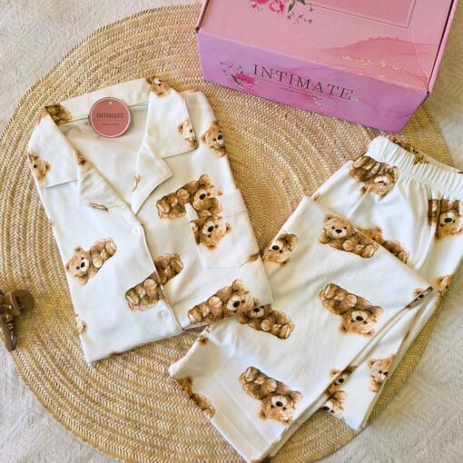 Pyjama Chemise Velours Blanc Imprimé Nounours