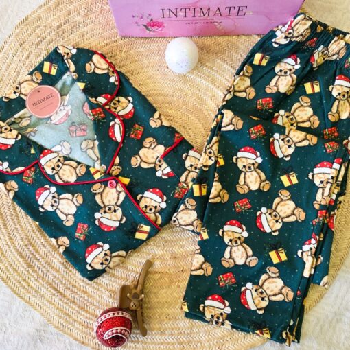 Pyjama Chemise Velours Vert Imprimé Nounours