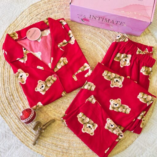 Pyjama Chemise Velours Rouge Imprimé Nounours