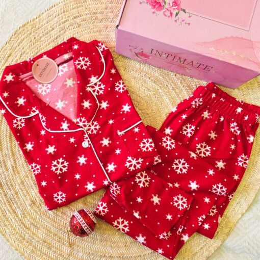 Pyjama Chemise Velours Rouge Imprimé en Blanc