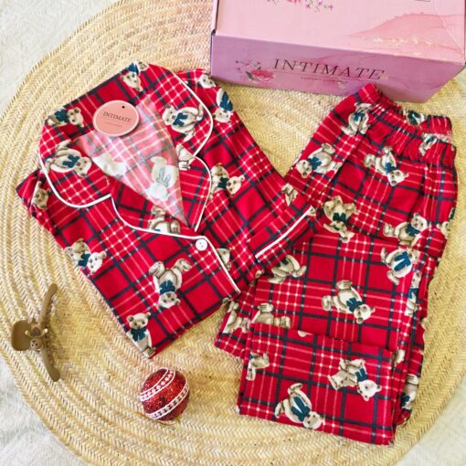 Pyjama Chemise Velours Rouge en Carreaux & Nounours