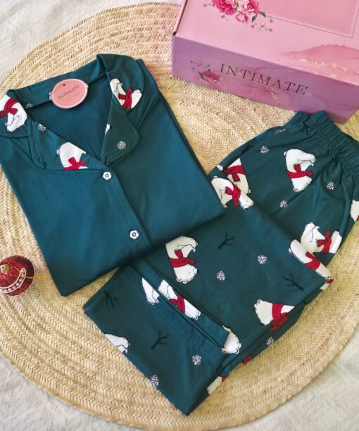 Pyjama Chemise Manches Longues Vert Nounours