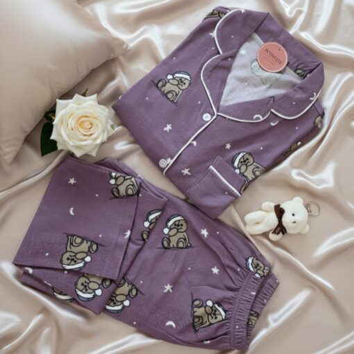 Pyjama Chemise Velours Mauve Lilas Imprimé Dabdoub