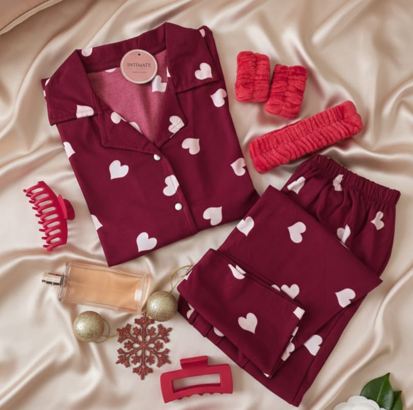 IMG-20260125-WA0013 Pyjama Chemise Coton Rouge Bordeaux Imprimé Cœurs – Image 1