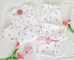 Pyjama Chemise Manches Longues Blanc Imprimé Fleurs Roses