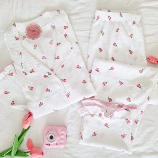 Pyjama Chemise Manches Longues Blanc Imprimé Fleurs Roses