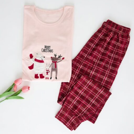 Pyjama Coton Rose & Rouge Carreaux "Merry Christmas"