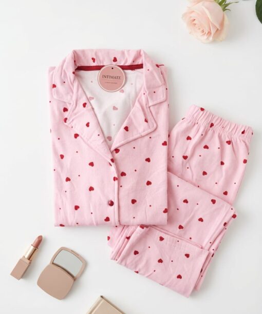 Pyjama Chemise Velours Rose Imprimé Cœurs