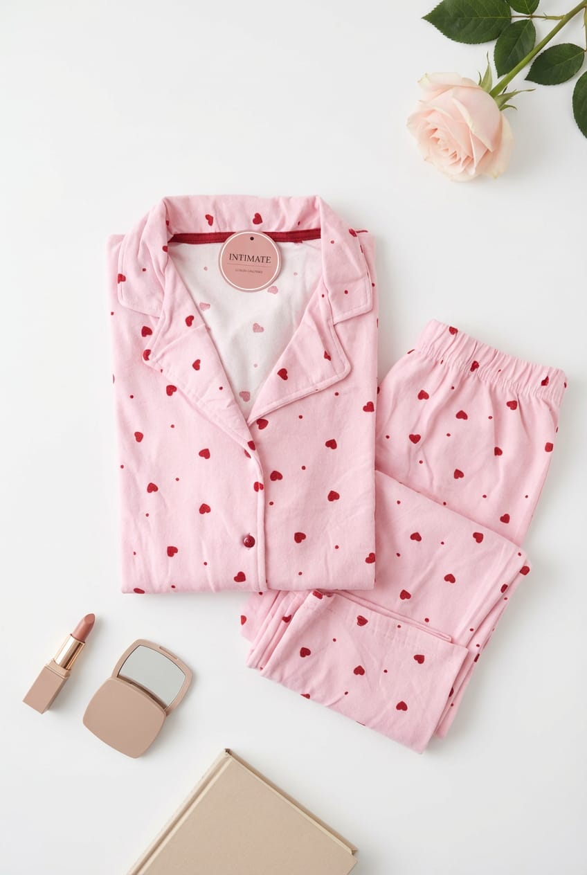 IMG-20260214-WA0059 Pyjama Chemise Velours Rose Imprimé Cœurs – Image 1