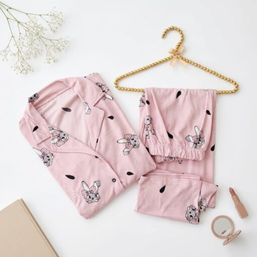 Pyjama Chemise Velours Rose Imprimé Lapins