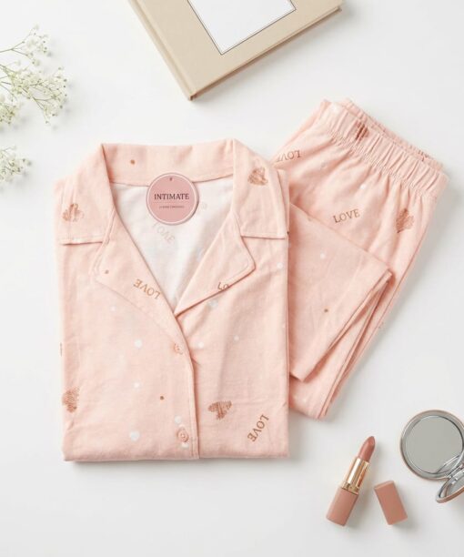 Pyjama Chemise Velours Rose Imprimé Cœurs