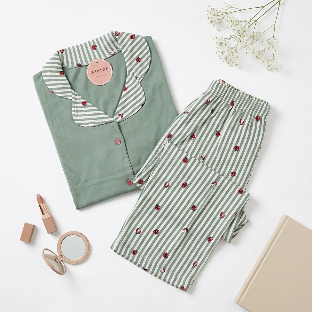 IMG-20260216-WA0004 Pyjama Chemise Manches Longues Coton Vert Doux Imprimé Coccinelles – Image 1