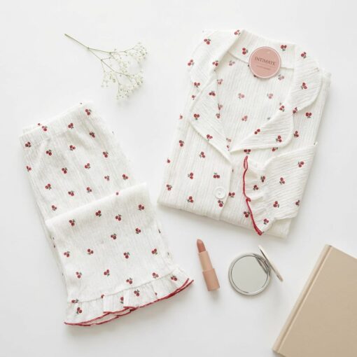 Pyjama Chemise Manches Longues Blanc Imprimé Cerises