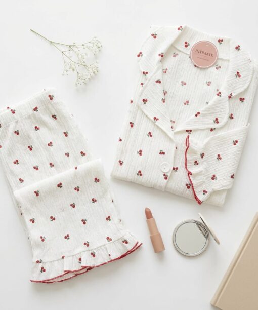 Pyjama Chemise Manches Longues Blanc Imprimé Cerises