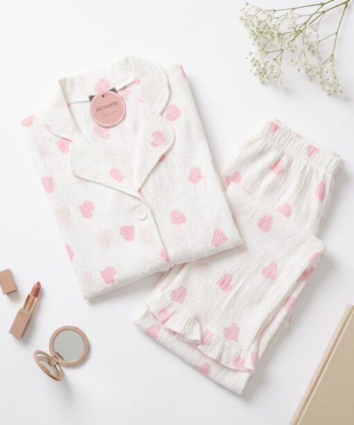 Pyjama Chemise Manches Longues Blanc Imprimé Cœurs Rose