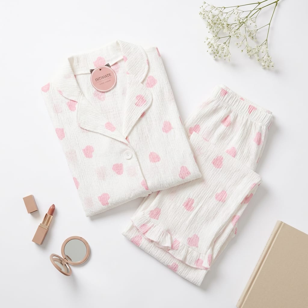 IMG-20260216-WA0019 Pyjama Chemise Manches Longues Blanc Imprimé Cœurs Rose – Image 1