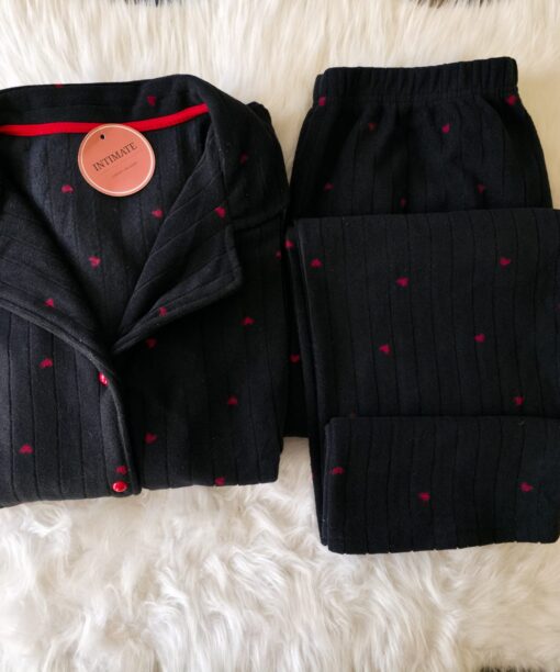 Pyjama Chemise Polaire Noir Pointillé Cœurs Rouge