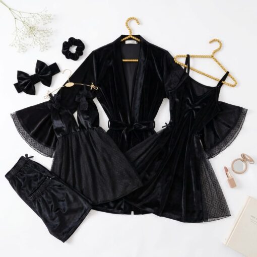 Parure Velours & Dentelle Noir 5 Pièces & 2 Accessoires