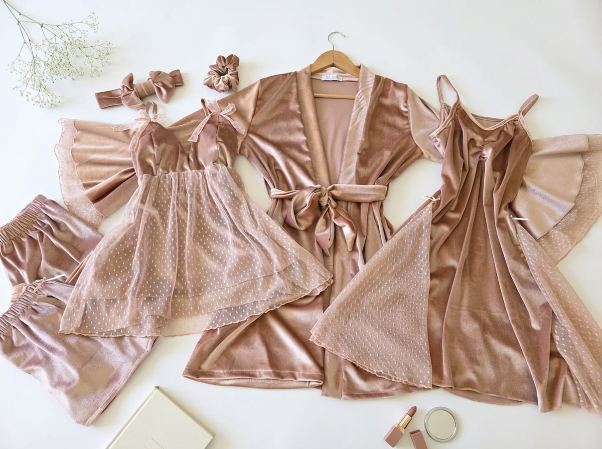 IMG-20260228-WA0017 Parure Velours & Dentelle Beige Caramel 5 Pièces & 2 Accessoires – Image 1