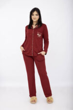 Pyjama Chemise Manches Longues Coton Maille Rouge Bordeaux – Image 6