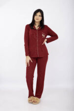 Pyjama Chemise Manches Longues Coton Maille Rouge Bordeaux