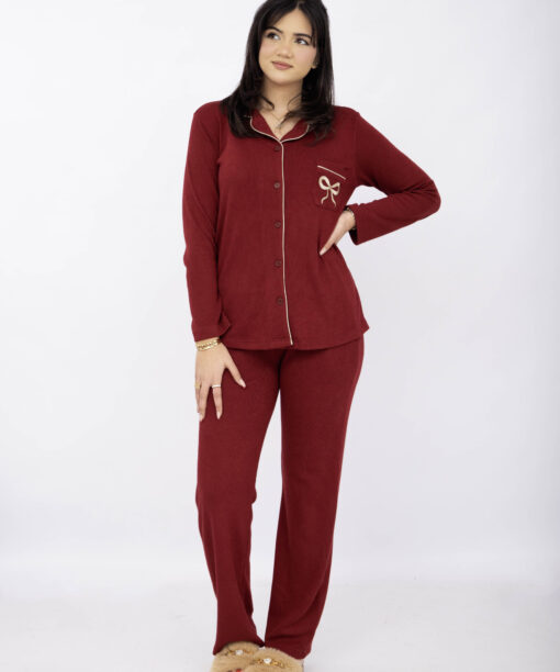 Pyjama Chemise Manches Longues Coton Maille Rouge Bordeaux