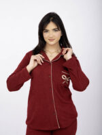 Pyjama Chemise Manches Longues Coton Maille Rouge Bordeaux – Image 4