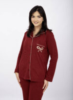 Pyjama Chemise Manches Longues Coton Maille Rouge Bordeaux – Image 2