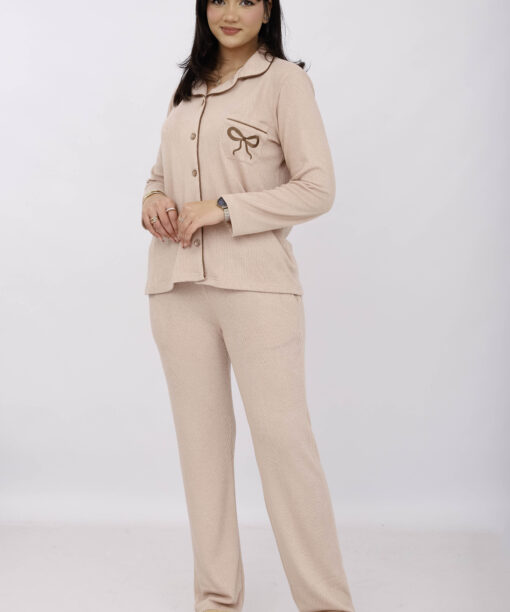 Pyjama Chemise Manches Longues Coton Maille Beige