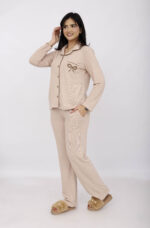 Pyjama Chemise Manches Longues Coton Maille Beige – Image 6