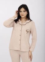 Pyjama Chemise Manches Longues Coton Maille Beige – Image 4