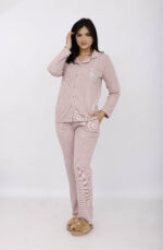 Pyjama Chemise Manches Longues Coton Maille Rose Poudré